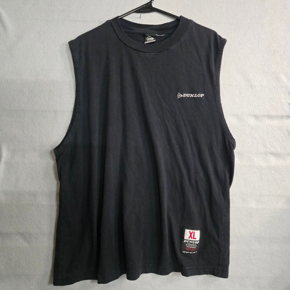 Vintage Dunlop Sport Sleeveless Muscle T-Shirt Black Embroidered Logo Top XL